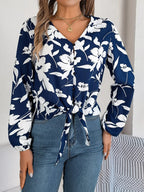 Monochrome floral tie front blouse - View 12 | WEUXS