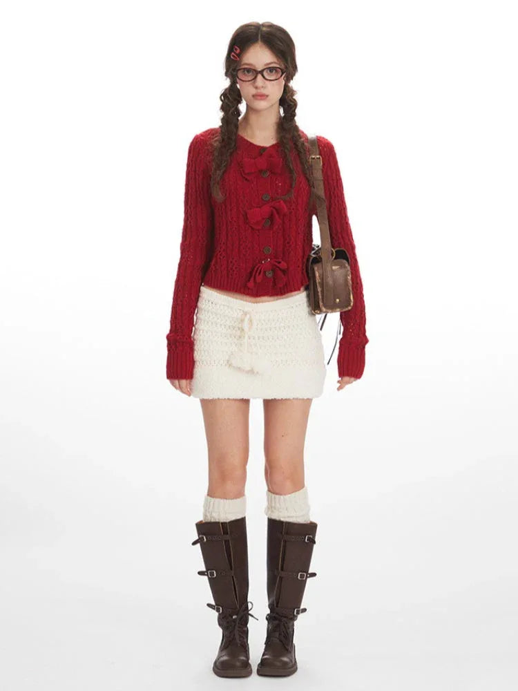 Coquette Cherry Red Bow Pointelle Cardigan - WEUXS