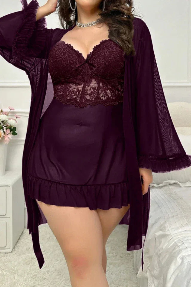 Plus-size plum sheer mesh babydoll with lace bodice and ruffle hem, worn with a matching sheer robe.