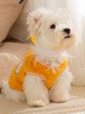 A white dog wears a bright orange fleece vest with white trim and a subtle embroidered design.