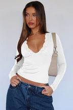 Women's Long Sleeve V-Neck Top with Lace Trim - View 27 | WEUXS
