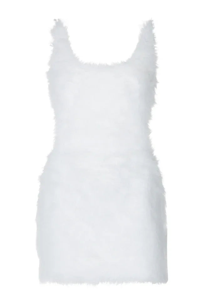White feather trim mini dress on a mannequin