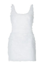 White feather trim mini dress on a mannequin