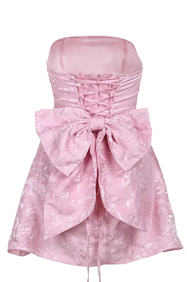Jacquard Print Tube Back Bow Mini Dress - WEUXS