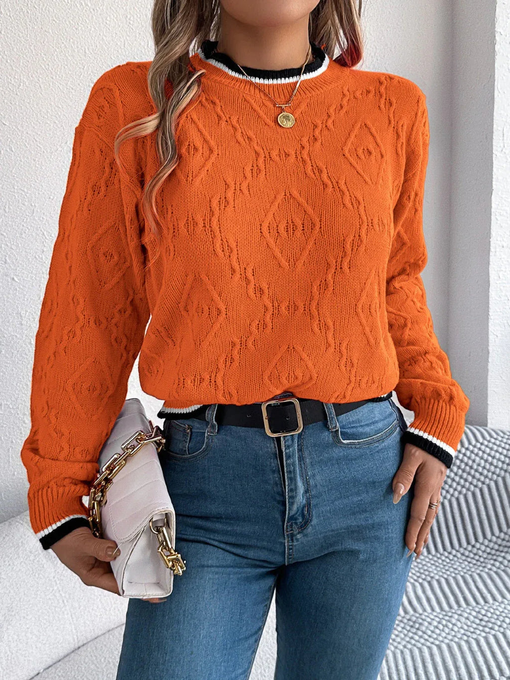 Khaki Textured Knit Crew Neck Sweater - View 11 | WEUXS