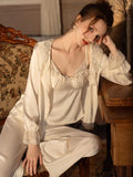 Lace Trim Satin 3-Piece Pajama Set - WEUXS