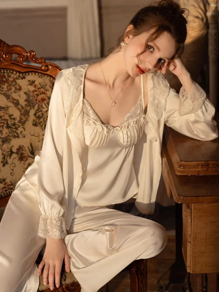 Lace Trim Satin 3-Piece Pajama Set - WEUXS