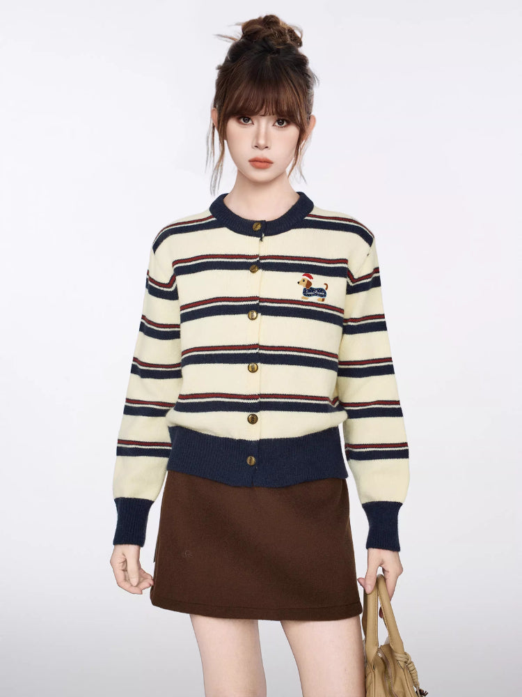 Cream and navy striped knit cardigan with red accent stripes and gold-tone buttons
