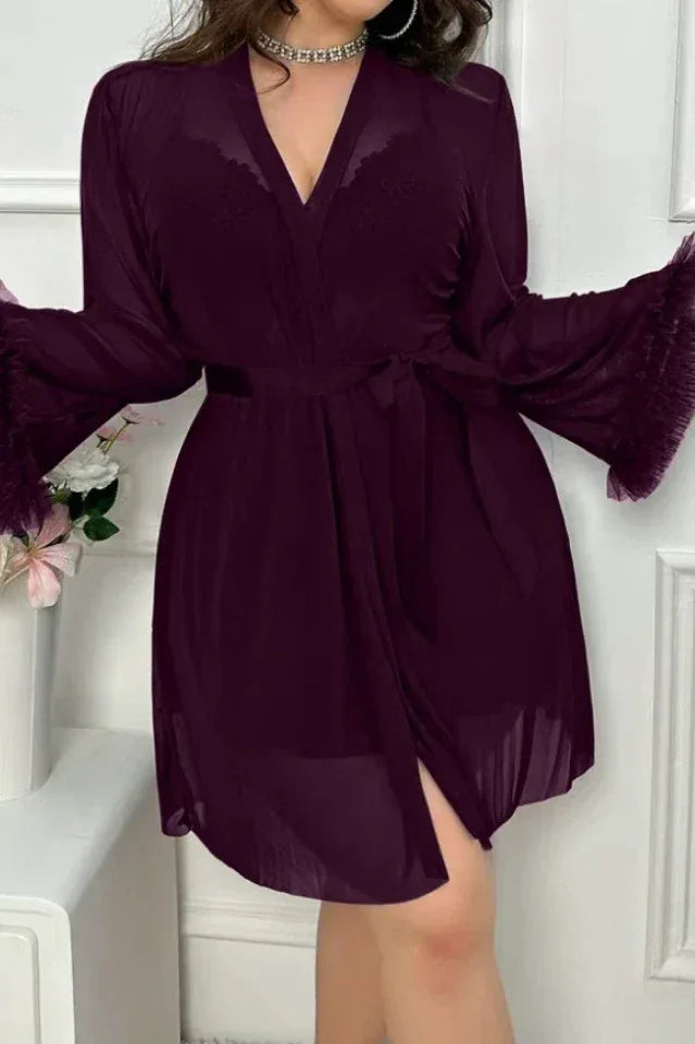 Plus-size plum sheer mesh robe with bell sleeves and a tie waist, open to reveal a lace babydoll.