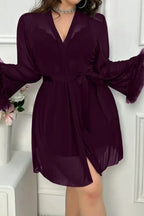 Plus-size plum sheer mesh robe with bell sleeves and a tie waist, open to reveal a lace babydoll.