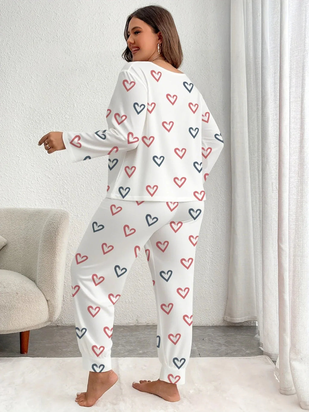 Plus Size Pink Heart Print Jogger Pajama Set - View 8 | WEUXS