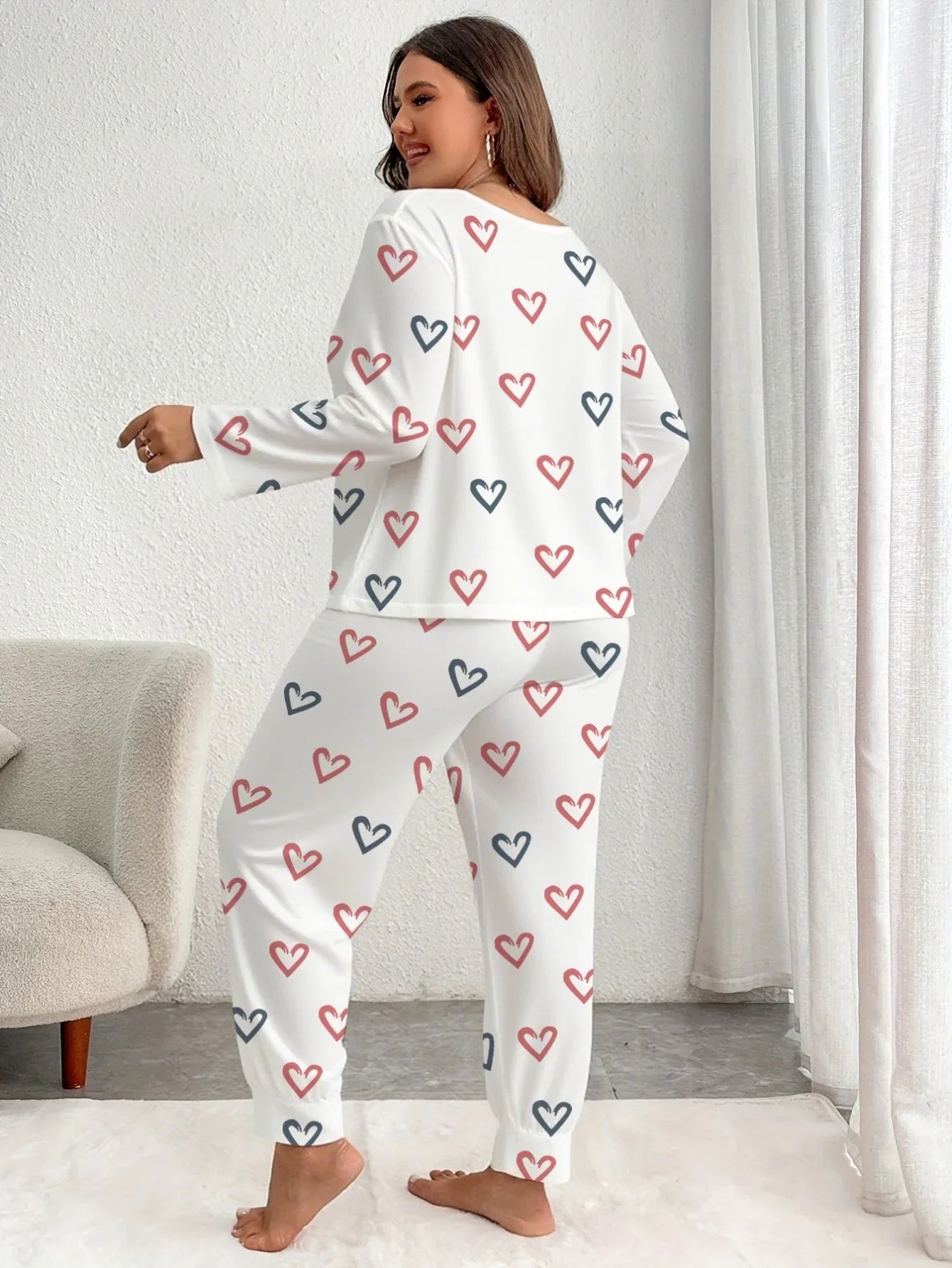 Plus Size Pink Heart Print Jogger Pajama Set - View 8 | WEUXS