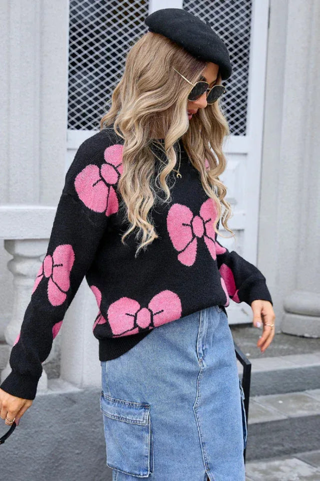 Women's crew neck knit sweater with bow print - View 14 | WEUXS
