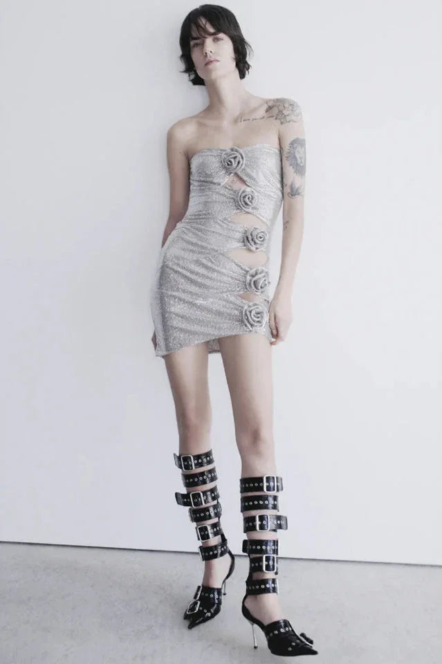 Strapless Floral Sequin Mini Dress - View 6 | WEUXS