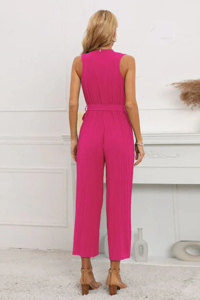 Calf length wide leg jumpsuit with ruffle neckline - View 20 | WEUXS
