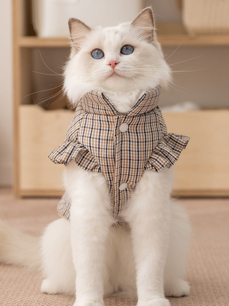 A cat wearing a brown plaid pet vest with ruffled sleeves and a stand-up collar.
