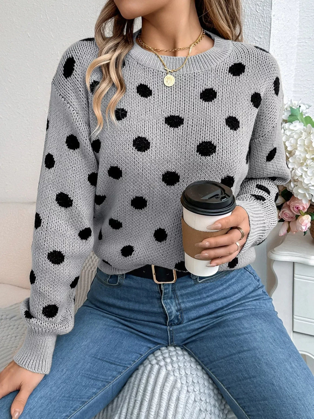 Polka Dot Knit Sweater - View 14 | WEUXS
