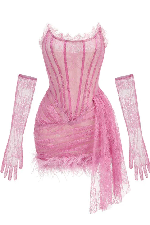 Strapless Lace Feather Trim Mini Dress - View 12 | WEUXS