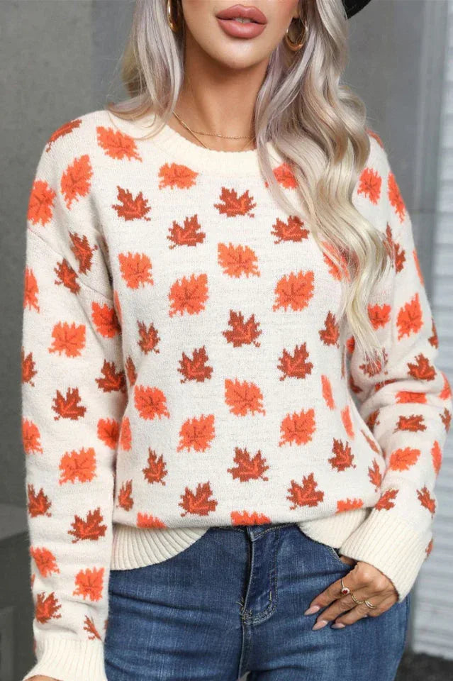 Autumn Leaf Print Knit Sweater - View 7 | WEUXS