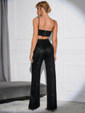 Silver metallic knit crop top with adjustable spaghetti straps and square neckline, paired with matching wide leg pants. - View 9 | WEUXS