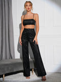 Silver metallic knit crop top with adjustable spaghetti straps and square neckline, paired with matching wide leg pants. - View 11 | WEUXS