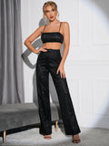 Silver metallic knit crop top with adjustable spaghetti straps and square neckline, paired with matching wide leg pants. - View 12 | WEUXS