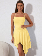ruched asymmetrical hem tie backless halter yellow dress#color_yellow