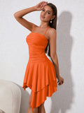 ruched asymmetrical hem tie backless halter dress orange side#color_orange