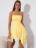 ruched asymmetrical hem tie backless halter dress yellow#color_yellow