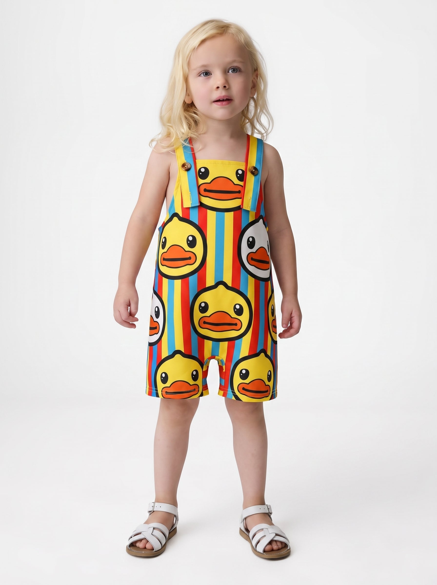 front view of child wearing duck print shortall