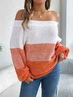 Off-Shoulder Color Block Knit Sweater - View 9 | WEUXS