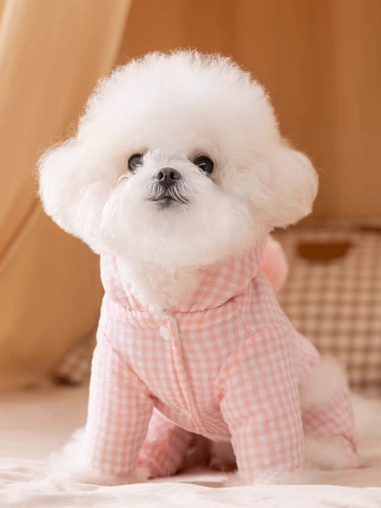 A Bichon Frise dog wearing a pink gingham hooded dog suit with a pink pom-pom accent.