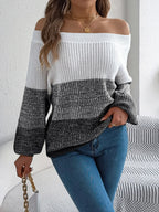 Off-Shoulder Color Block Knit Sweater - View 6 | WEUXS