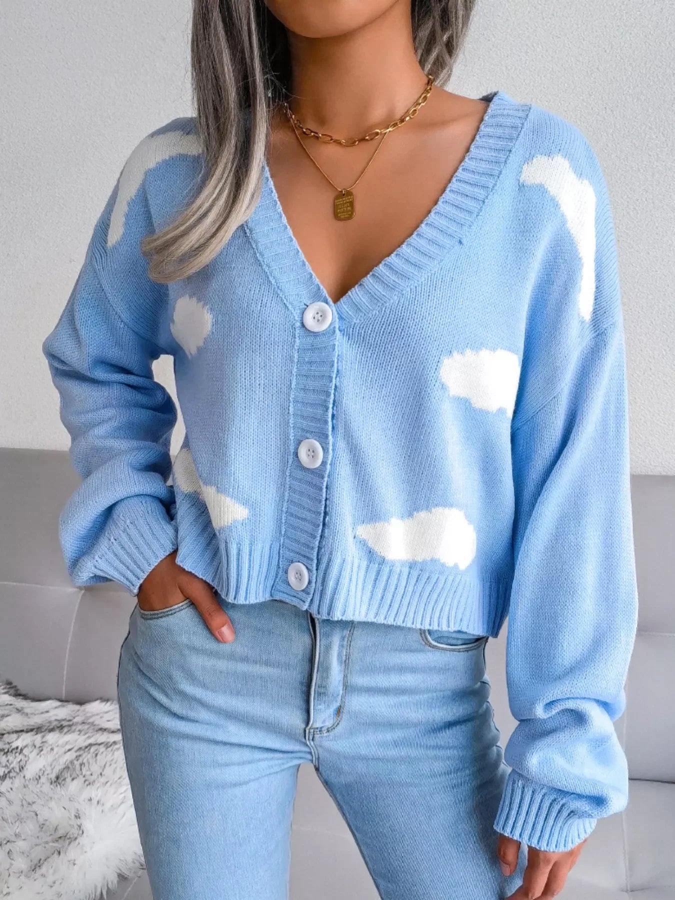 Green cloud print knit cardigan - View 13 | WEUXS