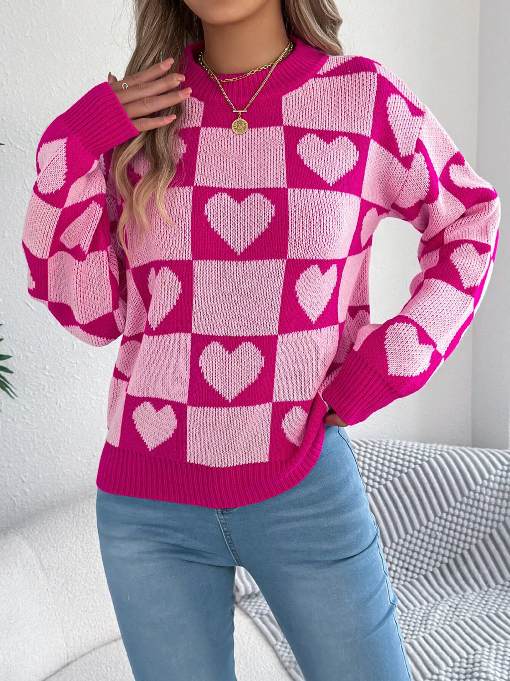 Romantic Red & Black Heart Checkerboard Sweater - WEUXS