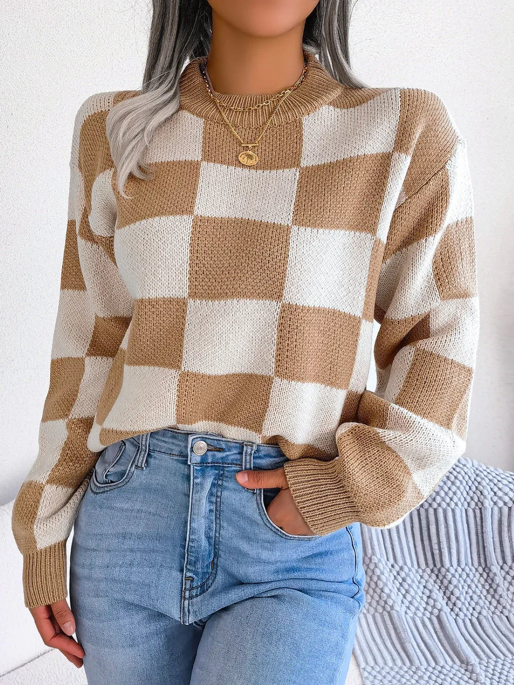 Checkerboard Knit Pullover Sweater - View 7 | WEUXS