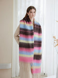 woman wearing a multi-colored striped oversized shawl scarf - View 6 | WEUXS