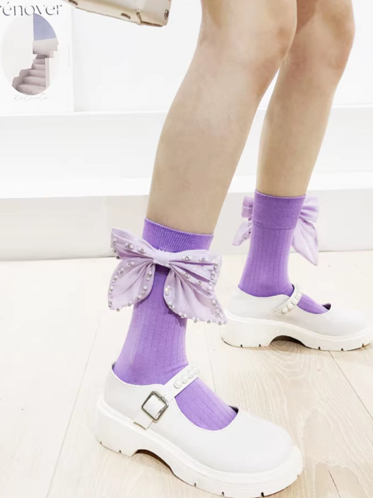 Rhinestone Bow Cotton Socks