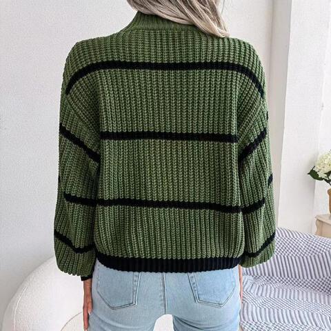 Striped mock neck lantern sleeve sweater - View 9 | WEUXS