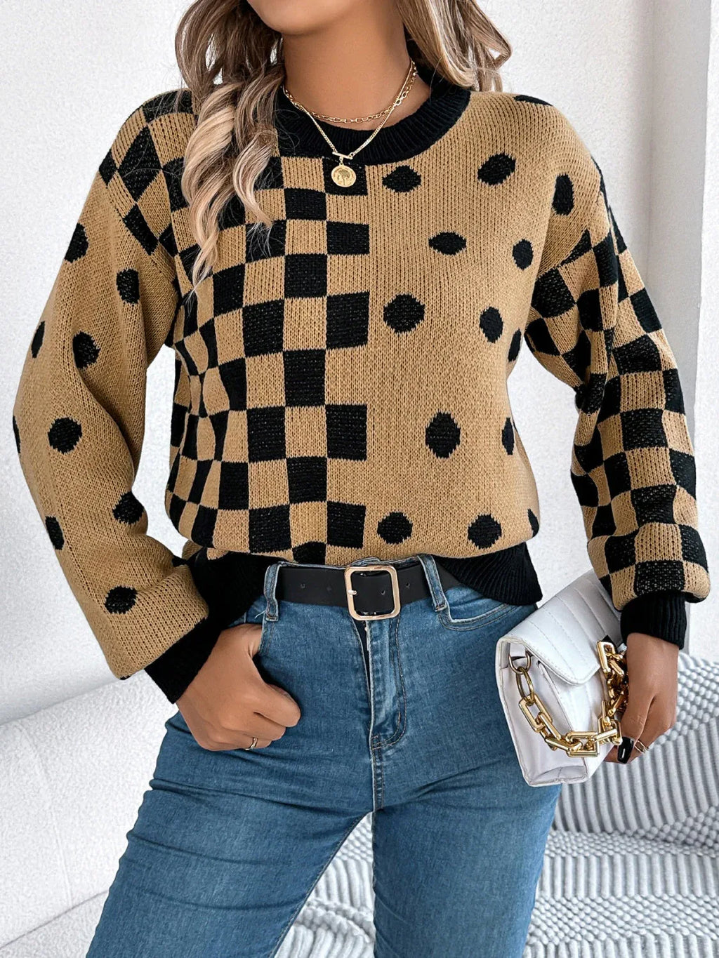 Gray polka dot and checkerboard knit sweater with crew neck and lantern sleeves. - View 17 | WEUXS
