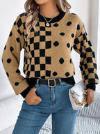 Gray polka dot and checkerboard knit sweater with crew neck and lantern sleeves. - View 17 | WEUXS