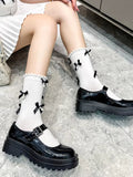 Grey knee-high socks with black satin bows and white pearl embellishments - View 13 | WEUXS