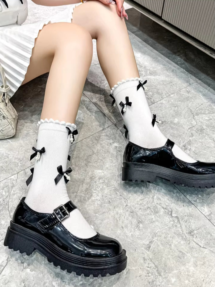 Grey knee-high socks with black satin bows and white pearl embellishments - View 13 | WEUXS