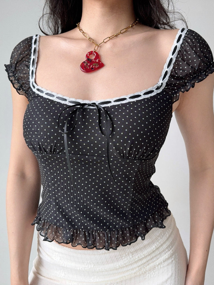 Black and white polka dot print sheer chiffon top with square neckline and cap sleeves