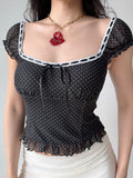 Black and white polka dot print sheer chiffon top with square neckline and cap sleeves