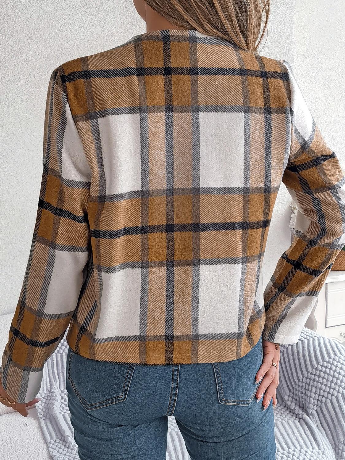 Chic Navy Blue Plaid Cropped Jacket - WEUXS