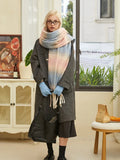 Close-up of the pastel gradient scarf with fringe