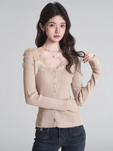 Beige fitted ribbed knit cardigan with lace trim and button-down front