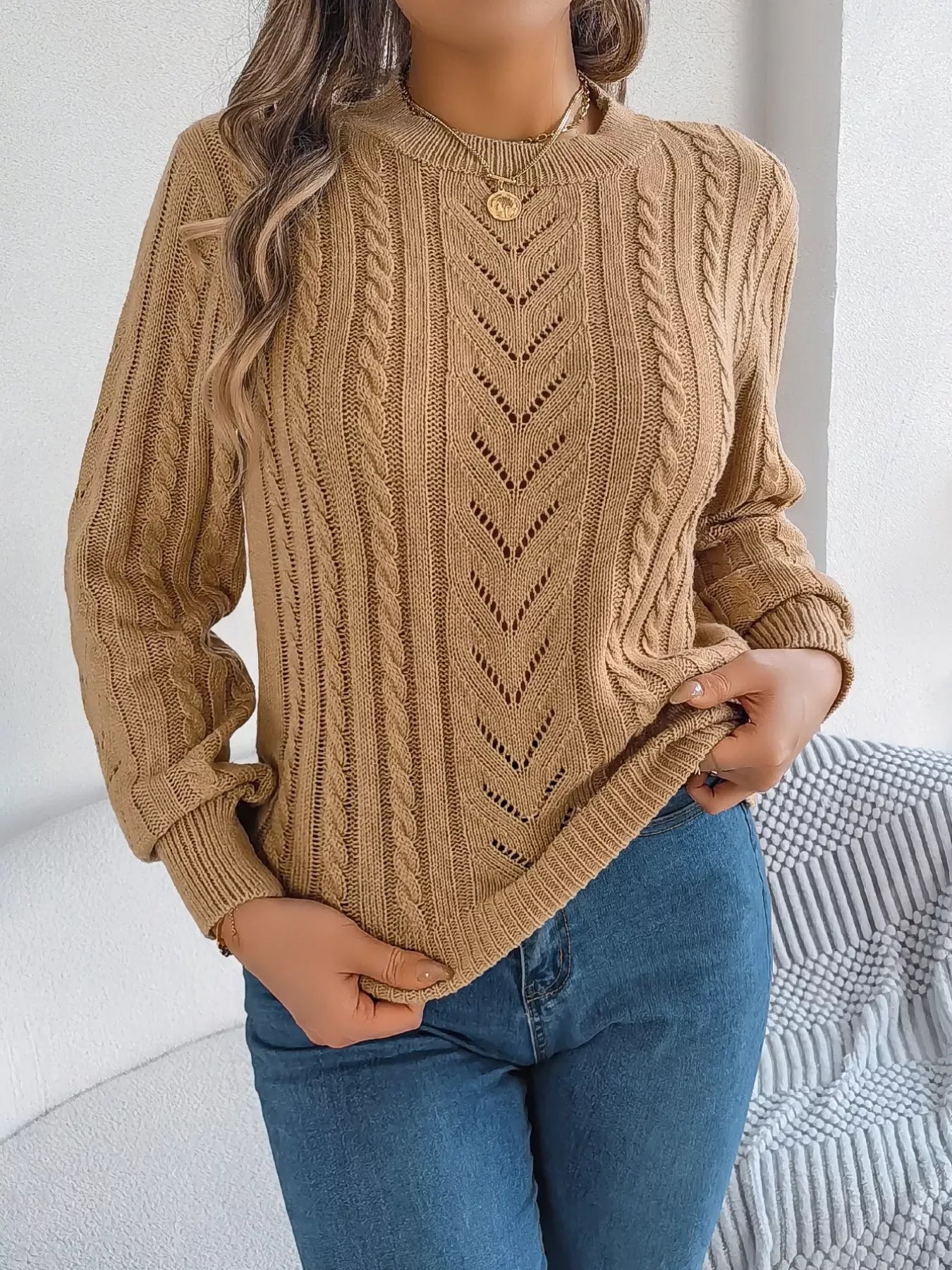 Women's Rust Cable Knit Sweater - WEUXS