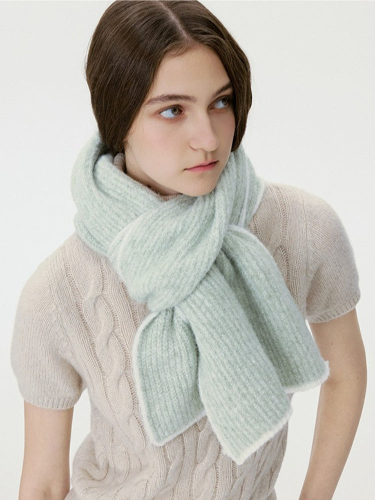 Soft Sage Green Knit Scarf with White Trim